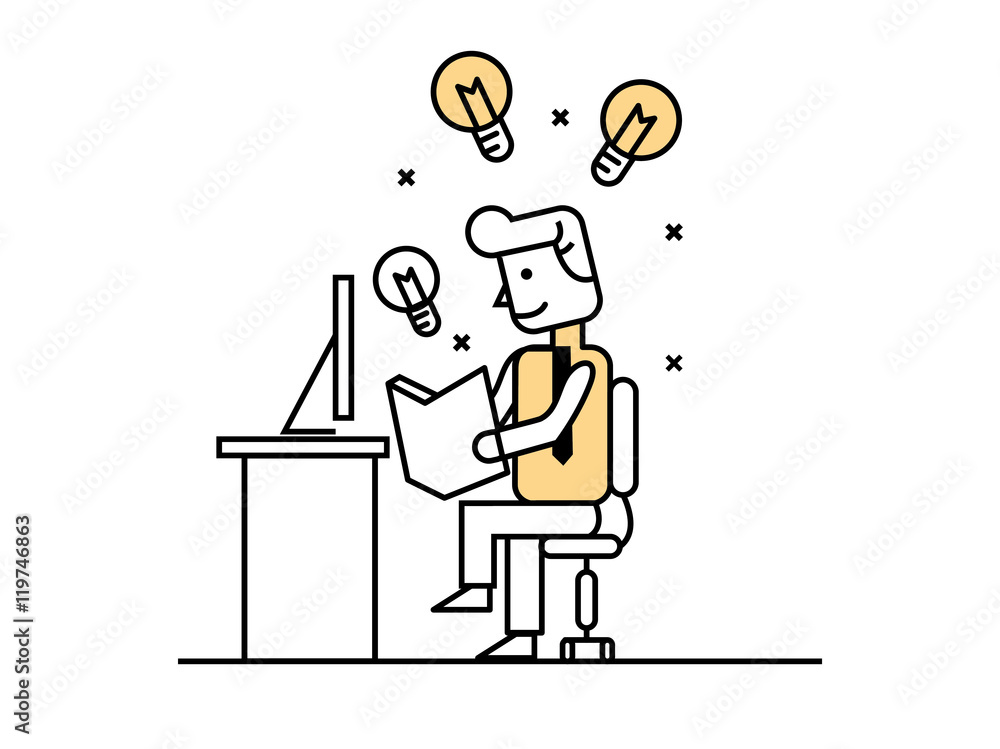 businessman open book to find idea, idea concept. flat line design. vector illustration businessman open book to find idea, idea concept. flat line design. vector illustration