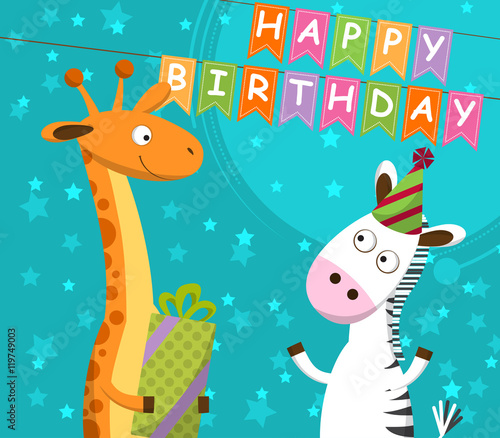 Postcard with giraffe and zebra, which celebrate the birthday. Vector