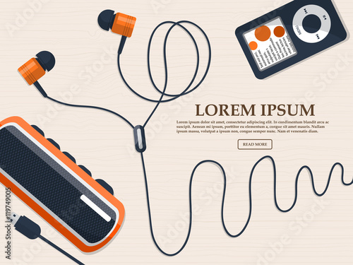 Headphones, music player and mini speaker on the table with place for your text. Vector