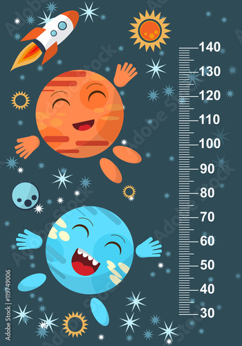 Funny planet on the background of stars meter wall from 30 to 140 centimeter. Vector