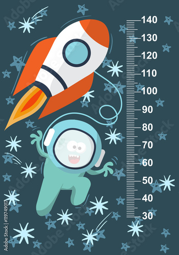 Funky blue monster with a missile in space against the background of stars. Stadiometer. Vector
