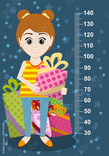 Cute girl with gifts meter wall from 30 to 140 centimeter. Vector