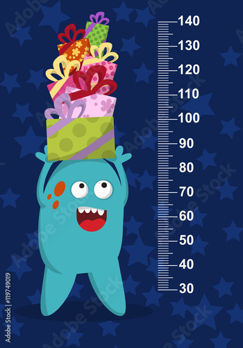 Happy blue monster with gifts on background with stars. Stadiometer. Vector