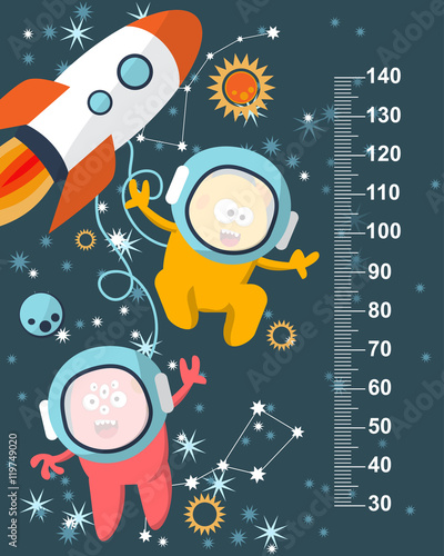 Funky monsters with a missile in space against the background of stars. Stadiometer. Vector