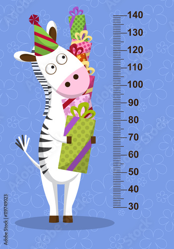 Cartoon zebra with gifts on blue background. Stadiometer. Vector