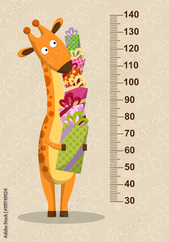 Cartoon giraffe with gifts on a beige background. Stadiometer. Vector