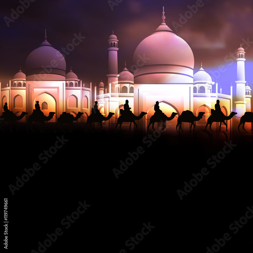 Ramadan Kareem greeting card with  Arabic mosque and camels