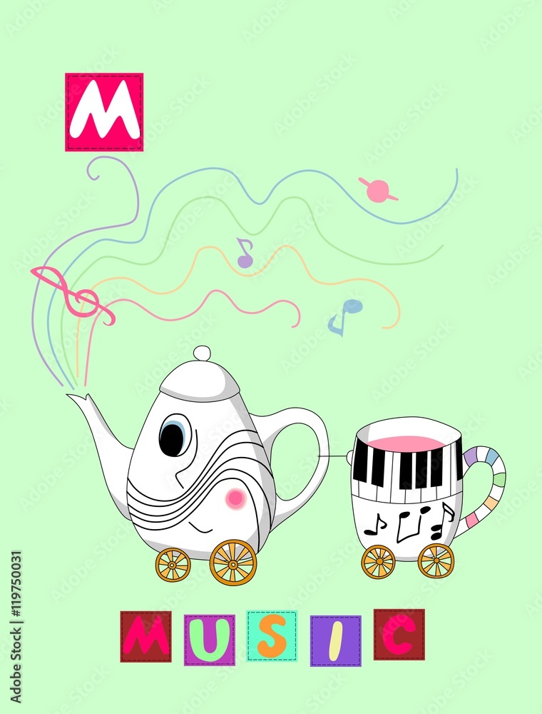 Obraz premium Tea history. Cute cartoon english alphabet with colorful image and word. Kids vector ABC on green background. Letter M. Music.