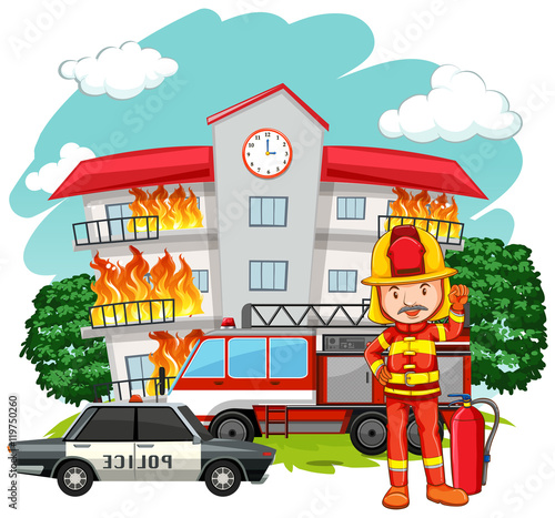 Fire scene with fireman at the building