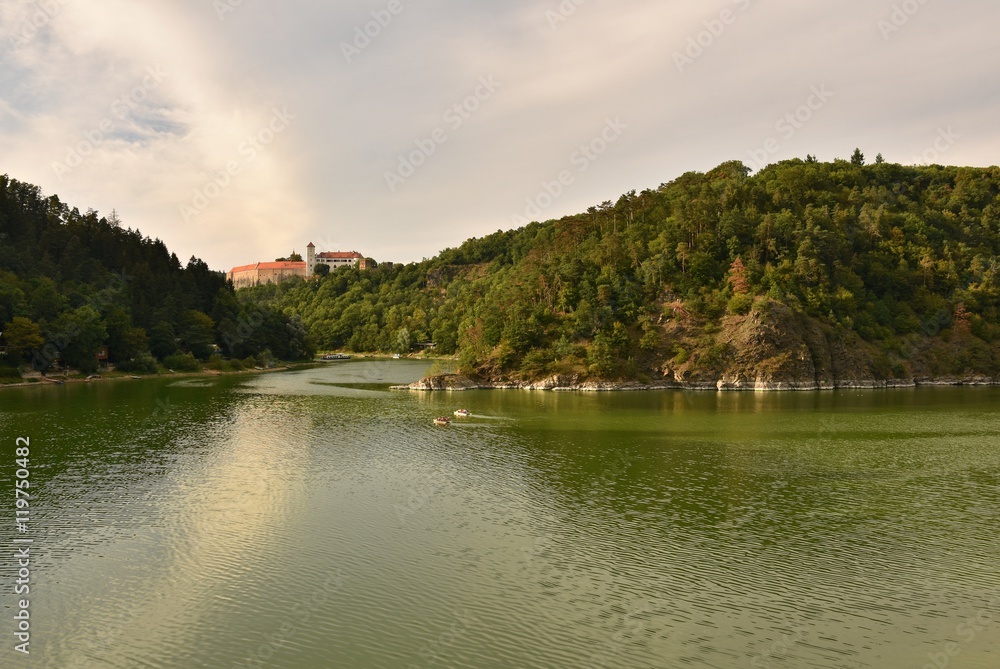 Beautiful old castle Bitov in the forest above the dam. Vranov dam. South Moravia - Czech Republic