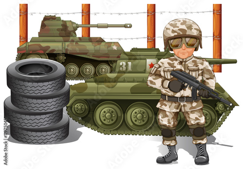 Soldier holding gun and two military tanks