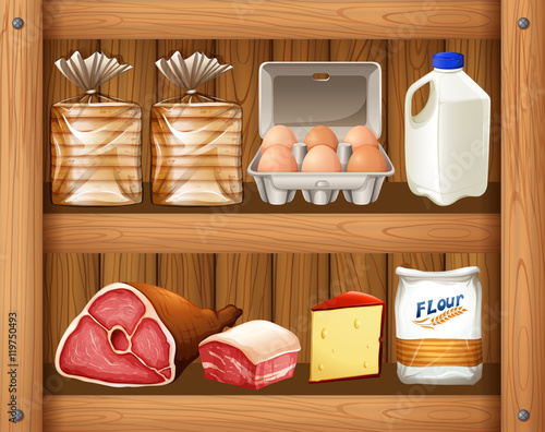 Different kinds of food on wooden shelf