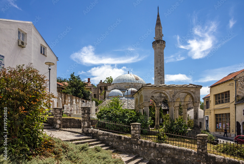 MOSTAR, BOSNIA - AUG 23, 2016: Mostar mosque in old town