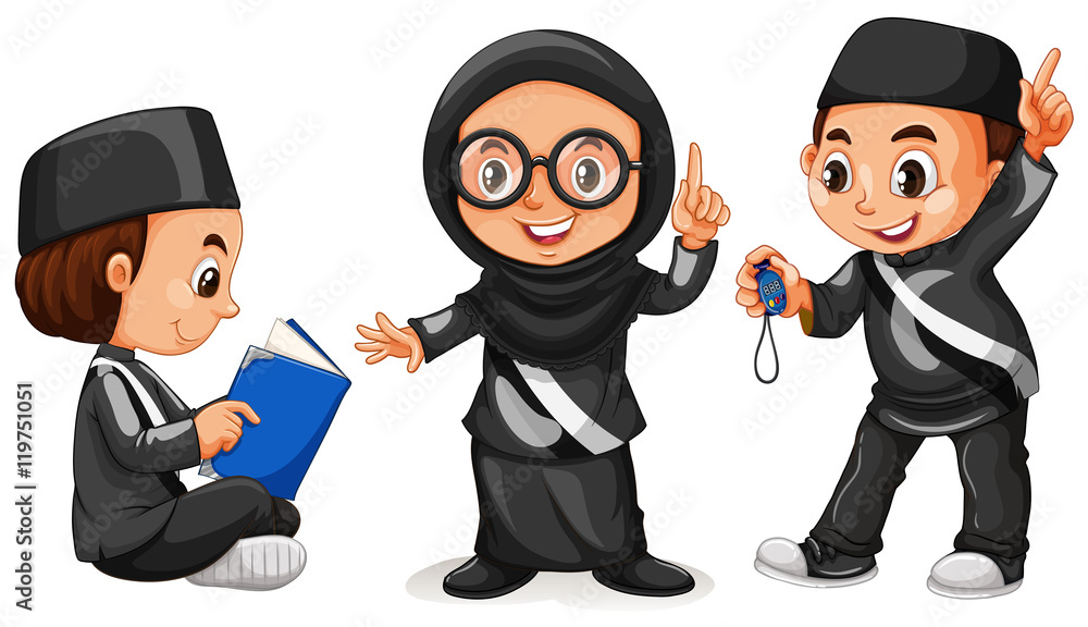 Three muslim kids in black costume Three muslim kids in black costume