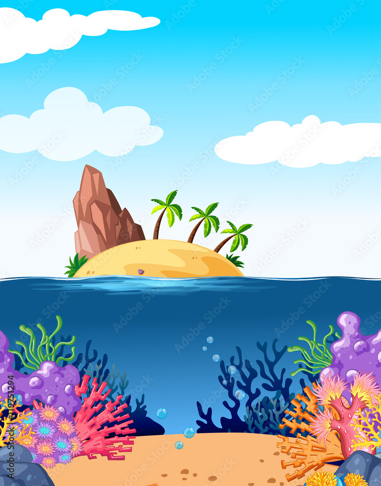 Scene with island and coral underwater