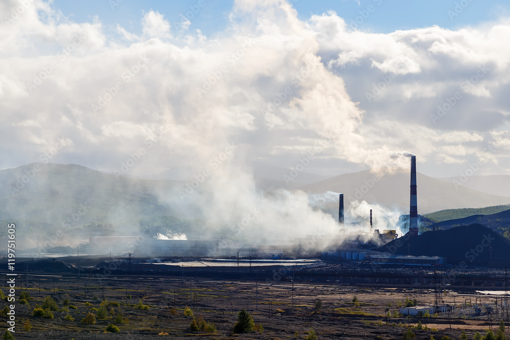 pollution of nature ecology. Industrial landscape in Karabash, Chelyabinsk region, Russia. environmental disaster