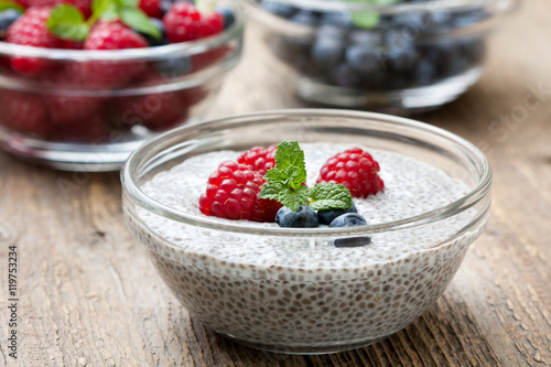 chia pudding with raspberries and blueberries