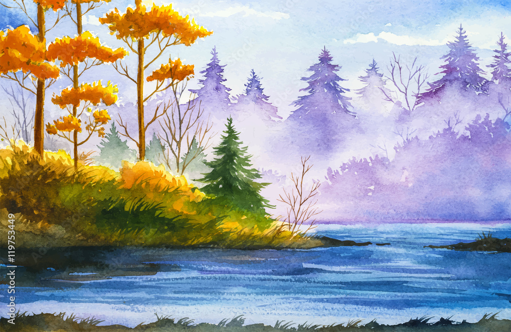 Obraz Jesień krajobraz. Akwarela ilustracja.