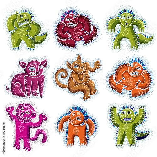 Set of vector cool cartoon monsters, colorful weird creatures. C