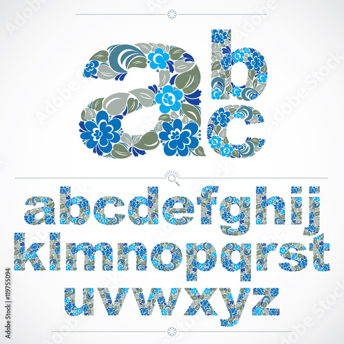 Ecology style flowery font, vector typeset made using natural or