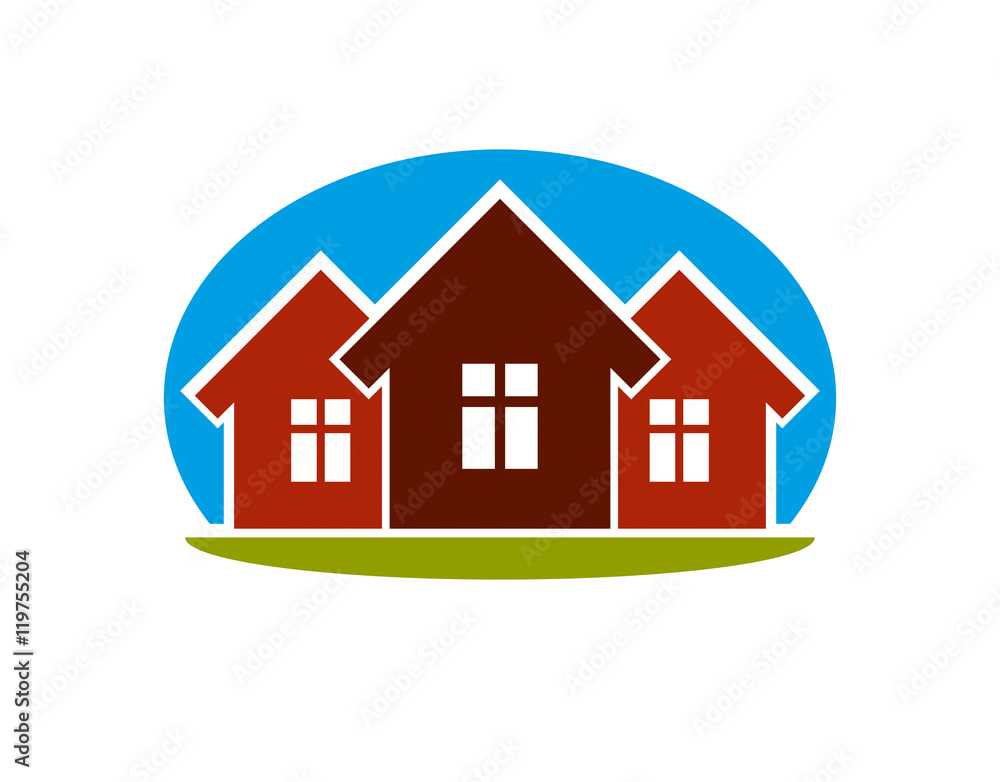 District conceptual vector illustration, three simple houses. Ho District conceptual vector illustration, three simple houses. Ho