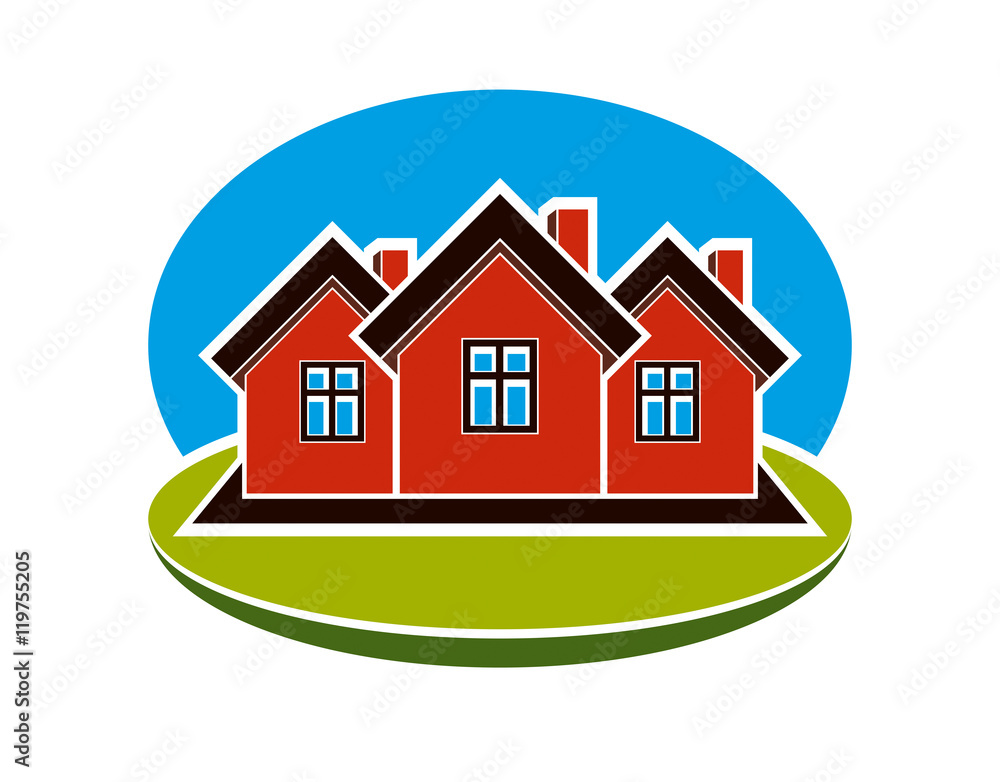 District conceptual vector illustration, three simple houses. Ho District conceptual vector illustration, three simple houses. Ho