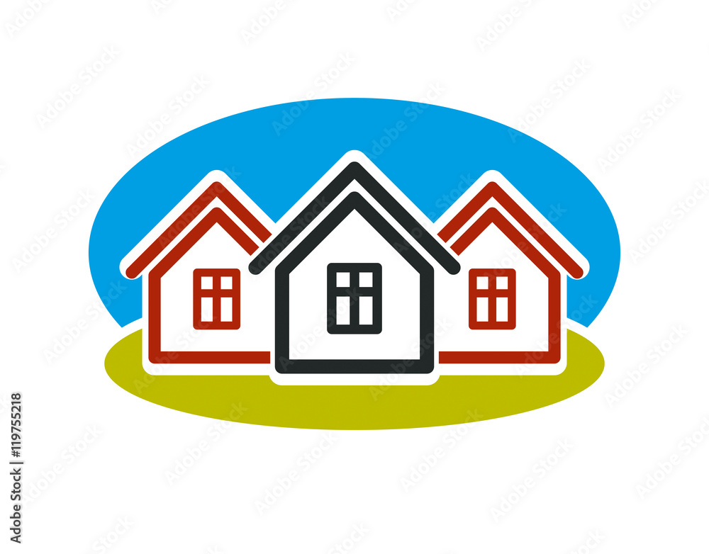 District conceptual vector illustration, three simple houses. Ho