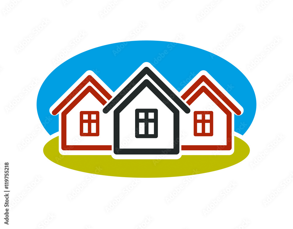 District conceptual vector illustration, three simple houses. Ho District conceptual vector illustration, three simple houses. Ho