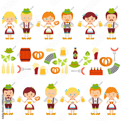 Vector set of characters Oktoberfest. Girls and boys in traditional Bavarian costume. Oktoberfest beer festival flat icons