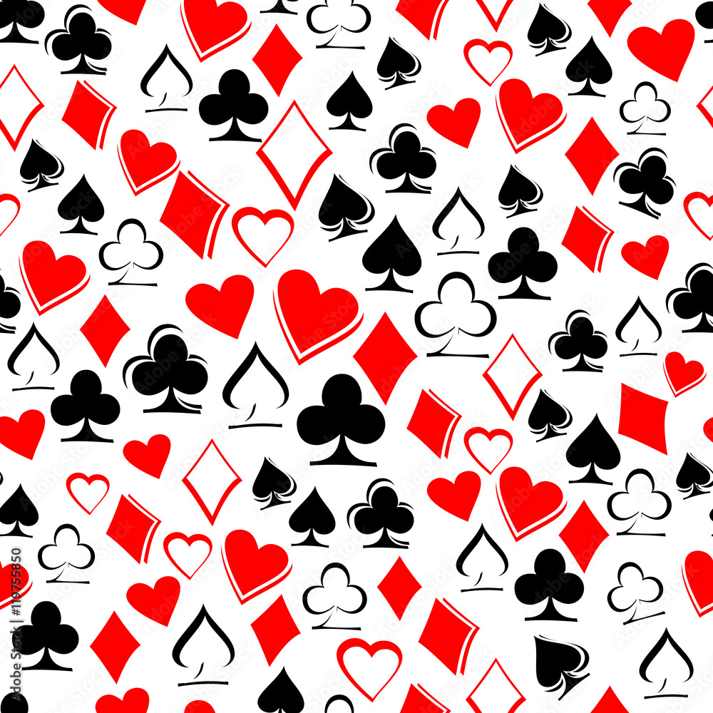 Playing card suits. Seamless pattern. Worms, Bubi, christen, peaks ...