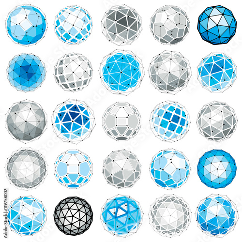 Set of vector low poly spherical objects with connected lines an