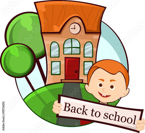 smiling boy in the background of the school building, vector illustration.