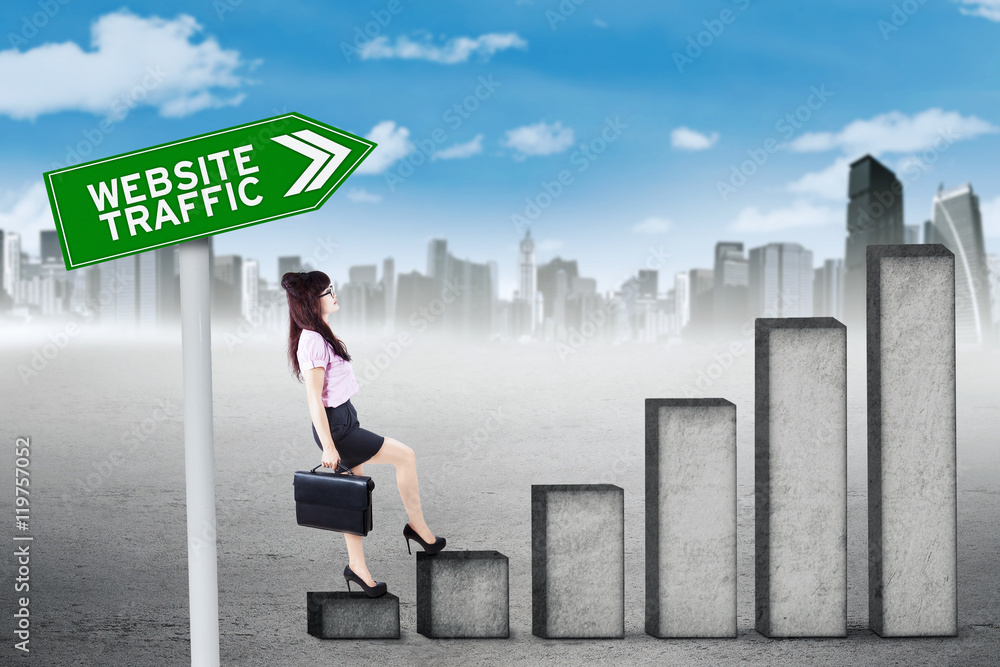 Young woman with graph of website traffic Young woman with graph of website traffic