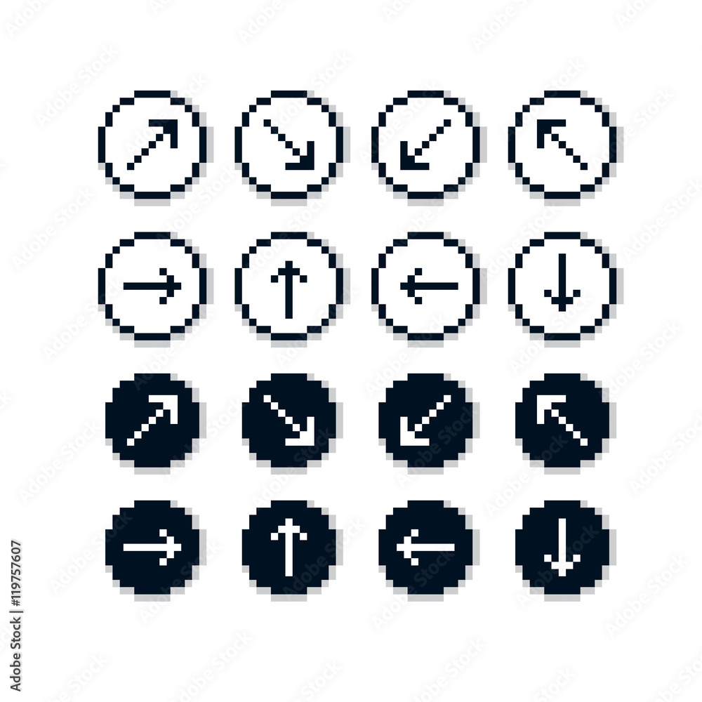 Different vector arrows, pixel icons isolated, collection of 8bi Different vector arrows, pixel icons isolated, collection of 8bi