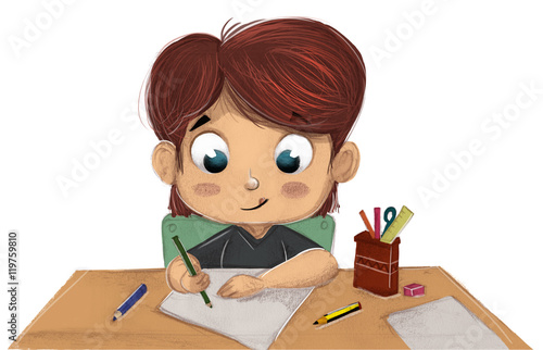 Niño escribiendo con fondo blanco