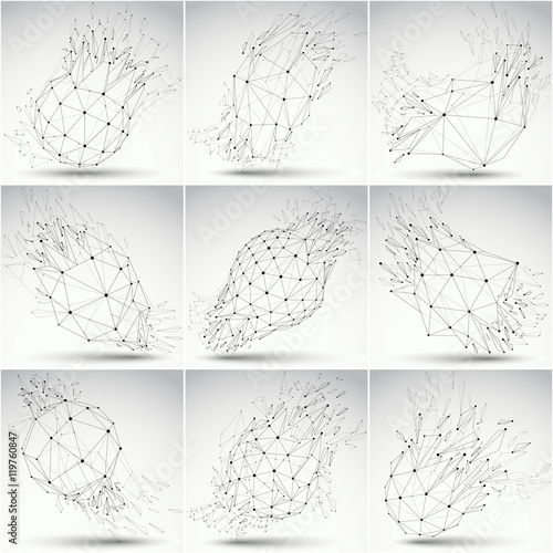 Set of low poly demolished shapes with black connected lines and