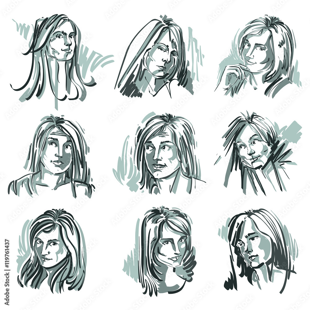 Set of monochrome vector art portraits of females, drawn in mini Set of monochrome vector art portraits of females, drawn in mini