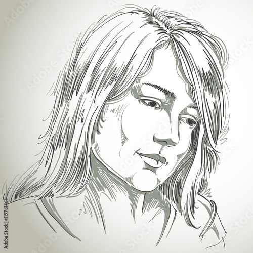 Hand-drawn portrait of white-skin sorrowful woman, sad face emot
