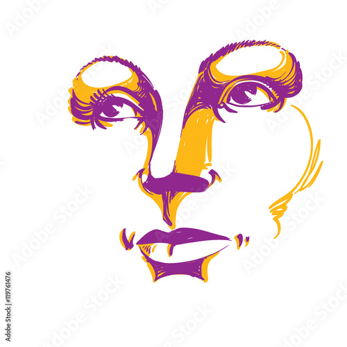 Colorful illustration of lady face, delicate visage features. Ey