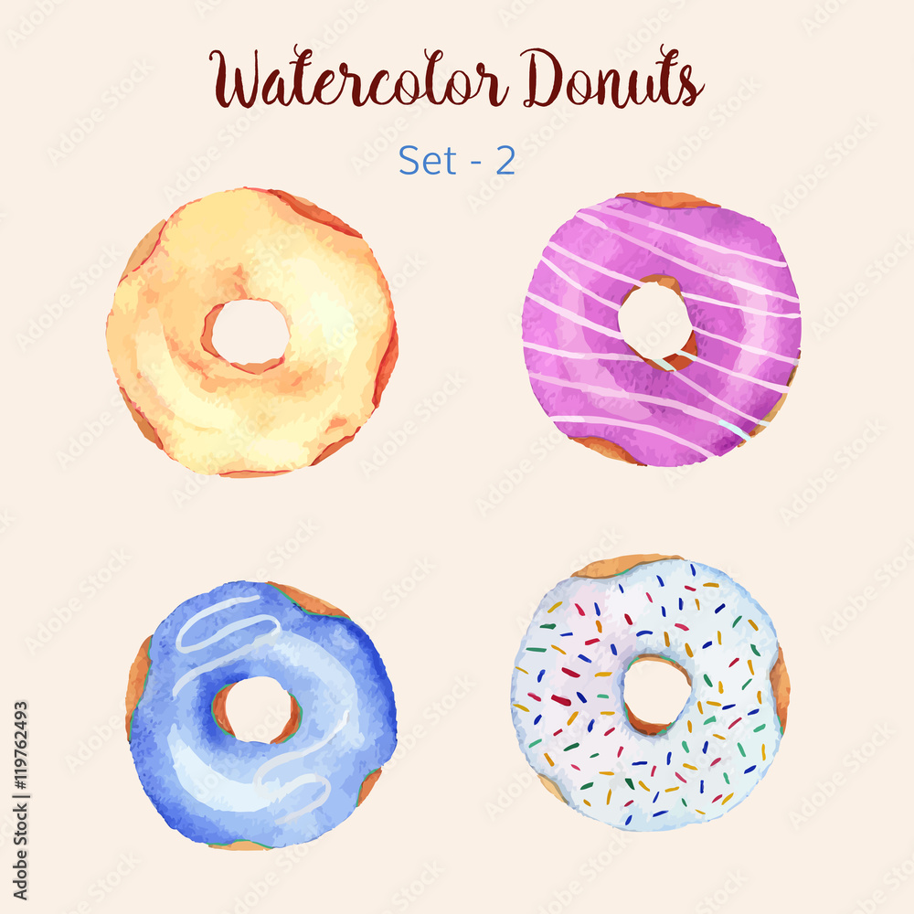 Watercolor donut set isolated on a light background. Hand painted donuts. Isolated sweet sugar icing donuts. Glazed donuts collection. Donut icons collection. Donuts with glaze and sprinkles. Vector. Watercolor donut set isolated on a light background. Hand painted donuts. Isolated sweet sugar icing donuts. Glazed donuts collection. Donut icons collection. Donuts with glaze and sprinkles. Vector.