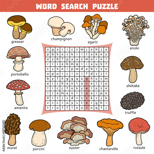 Vector color crossword about mushrooms. Word search puzzle