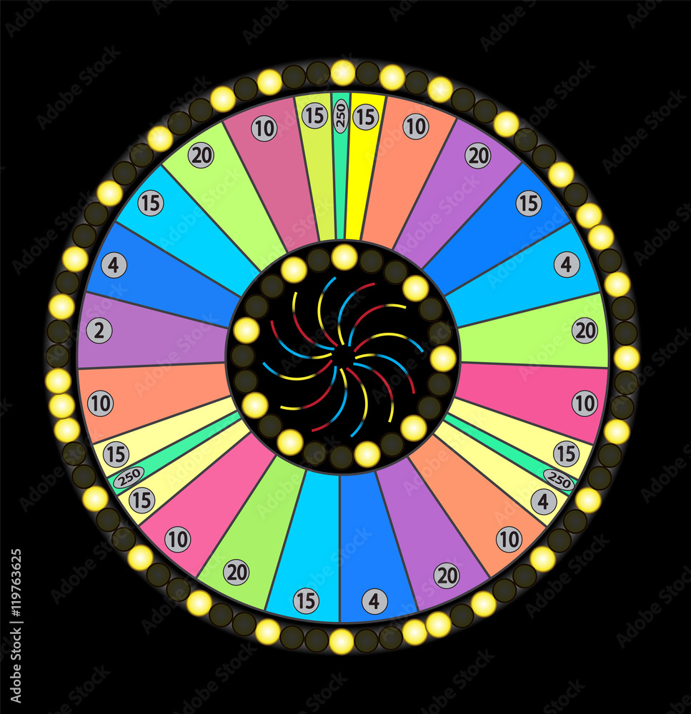 Colour Wheel of Fortune, Game Jackpot on Black Background. Vecto