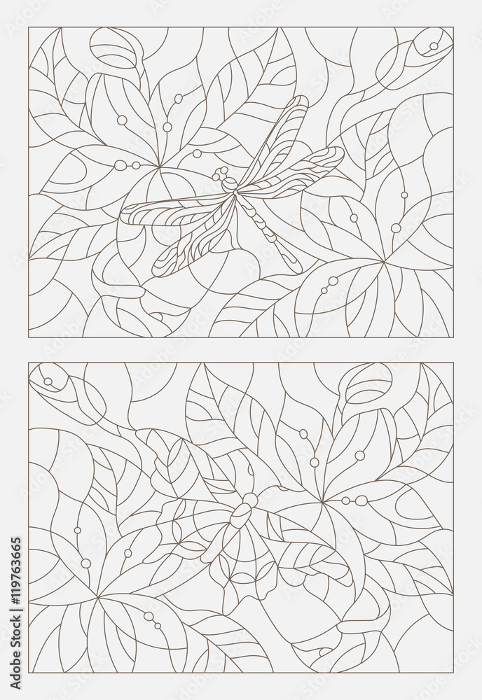 Set contour illustrations in the stained glass style butterfly and dragonfly on a background of leaves and flowers