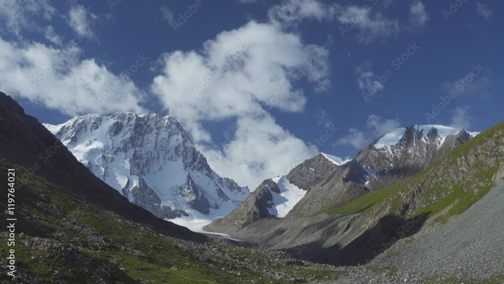 Landscape with snowy mountains, clouds and blue sky. Tian Shan, Kyrgyzstan
Landscape with snowy mountains, clouds and blue sky. Tian Shan, Kyrgyzstan