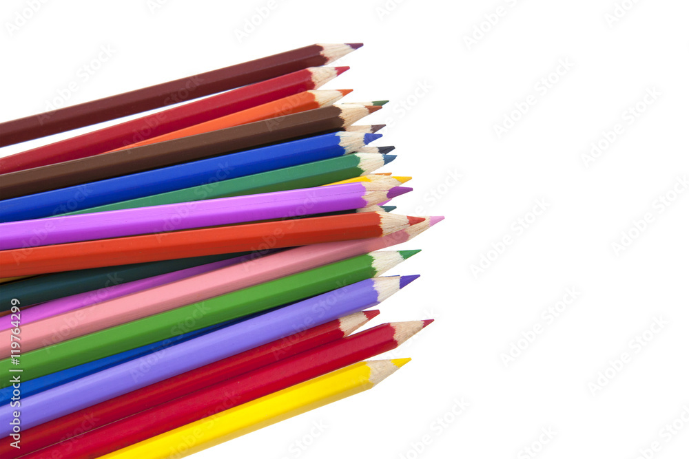 Close up of color pencils on white background with clipping path Close up of color pencils on white background with clipping path