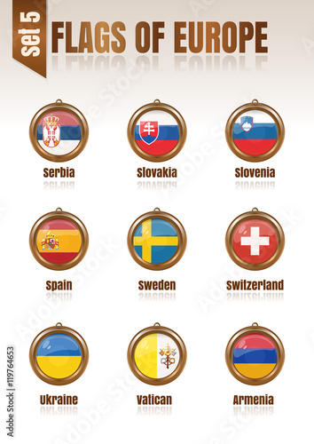 Flags of Europe in the form of circular pendants, vector illustration. Set 5