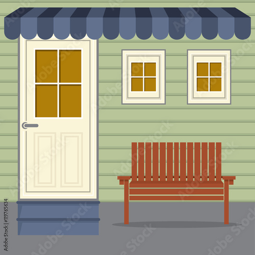Wooden Chair Under Stripes Awning Vector Illustration