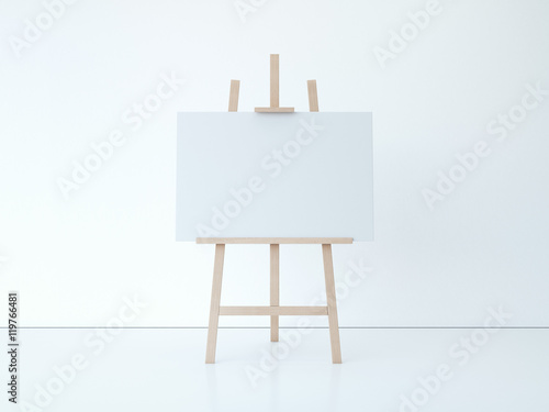 Wooden easel with blank white canvas. 3d rendering
