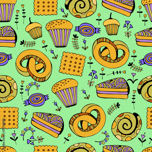 Hand drawn sweets and candies set. Colorful Vector Seamless Pattern.