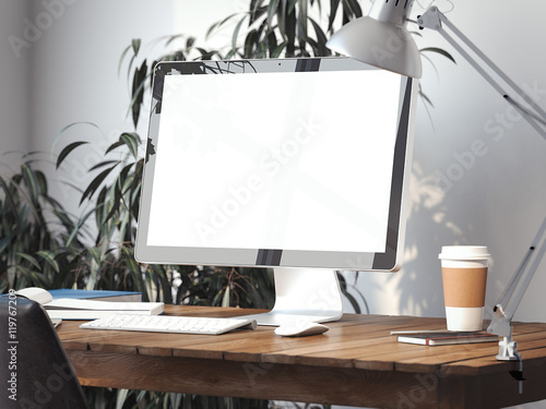 Workspace with blank monitor screen. 3d rendering